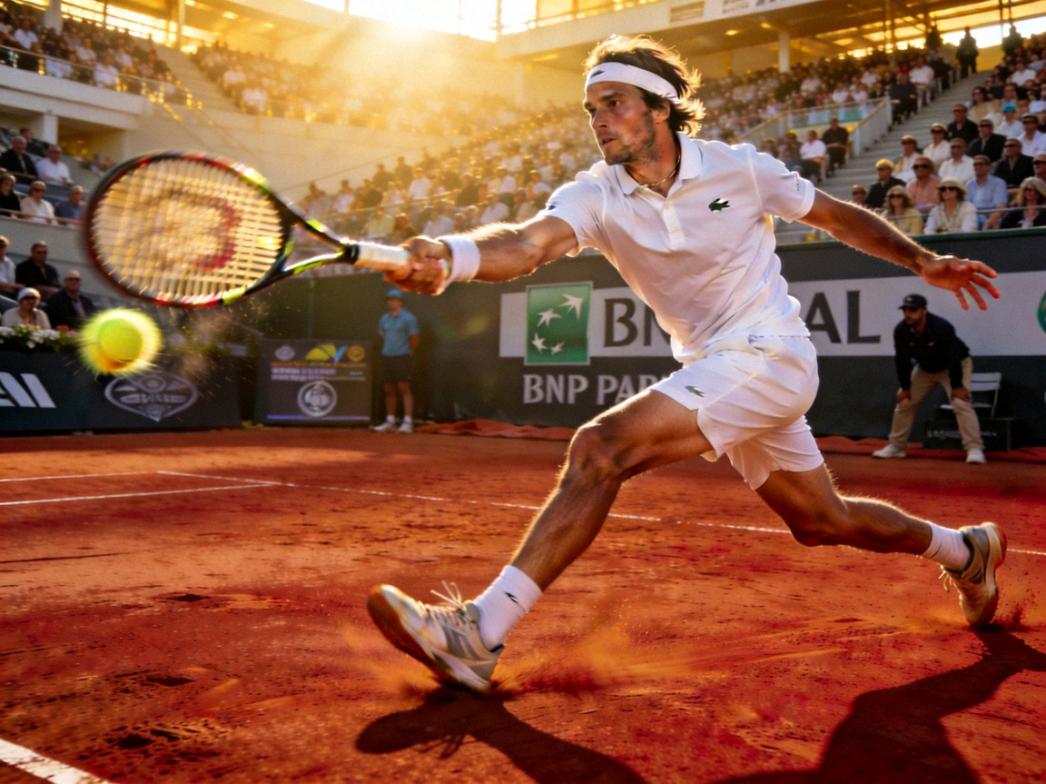 ATP巡回赛欧洲红土赛季，选手在红土场上滑步击球的经典画面